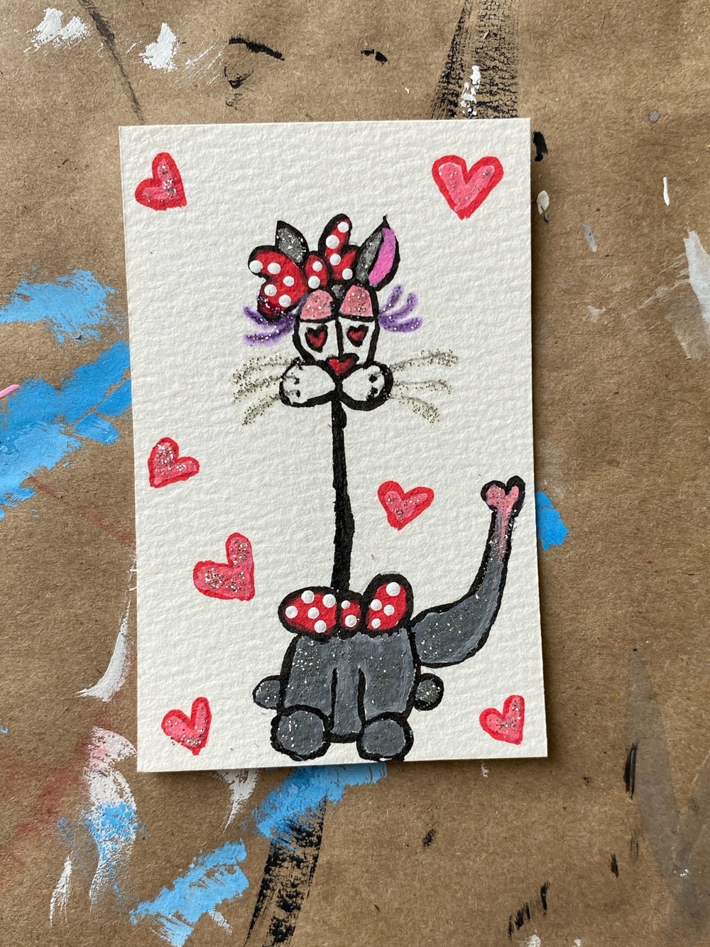 Kitty is Crazy in Love ACEO acrylic original hand painted 2.5 x 3.5